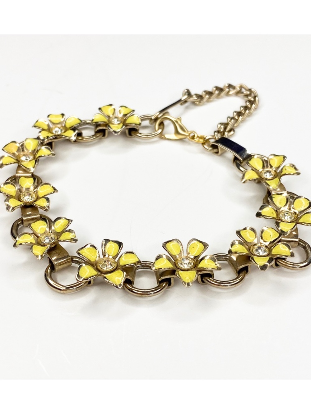 Vintage 60s Bracelet Gold-Tone Yellow Enamel Flowers Rhinestones MCM